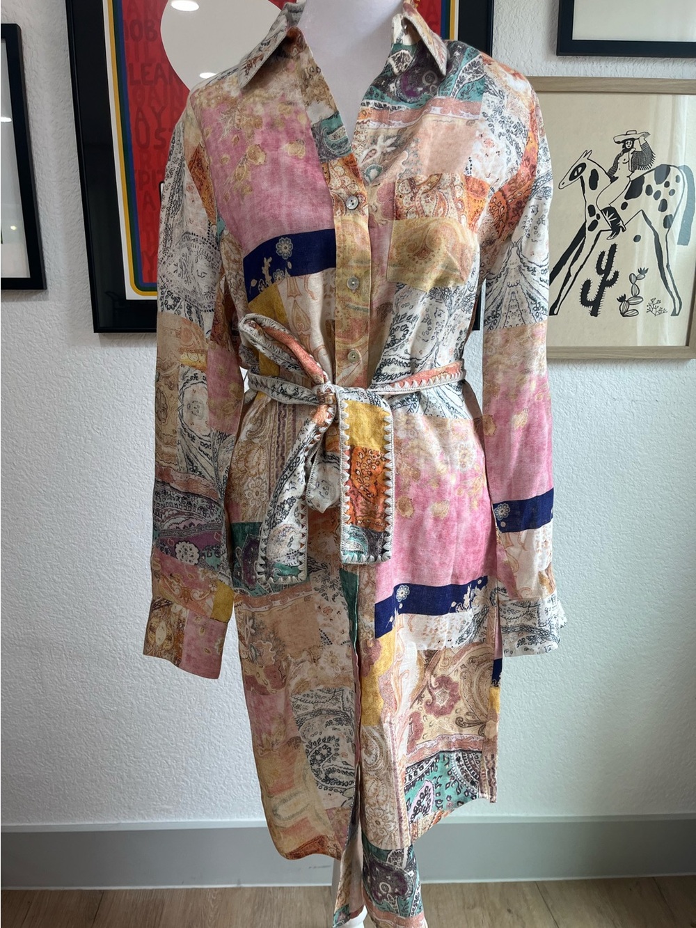 Magaschoni 100% Linen Dress w/ patchwork pattern & embroidered details